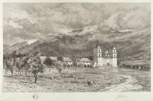 Etching In Black Prints: Santa Barbara Mission, 1886. Creator: Peter Moran