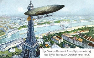Postcard Gallery: The Santos Dumont Air-ship rounding the Eiffel Tower, on October 19th 1901, (c1910)