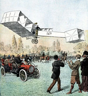 Santos-Dumont making the first powered plane flight in Europe, Paris, 1906