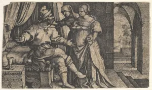 Hagar Prints: Sarah presenting Hagar to Abraham, who sits at the foot of a bed, from the series