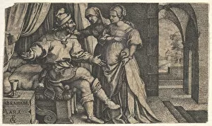 Sarah Gallery: Sarah presenting Hagar to Abraham, who sits at the foot of a bed, from the series The