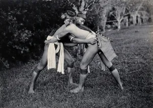 Wrestling Prints: Sarawak: two Kayans wrestling, c1900. Creator: Unknown