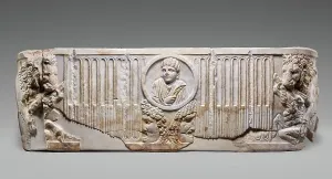 Wild Boar Prints: Front of a Sarcophagus with Female Portrait in a Medallion above Two Theatrical Masks