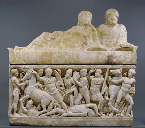 Hector Prints: Sarcophagus with lid and 4 unjoined fragments, A.D. 180-220. Creator: Unknown