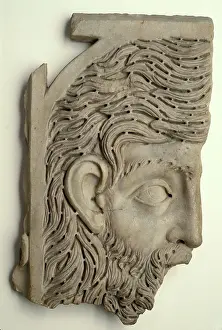 Sarcophagi Prints: Sarcophagus Lid Fragment, Head of Bearded Man, mid-3rd century. Creator: Unknown