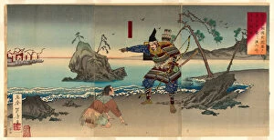 Sasaki Moritsuna Asking Fisherman to Reveal the Shallows Where His Troops can Cross and At... 1884. Creator: Mizuno Toshikata