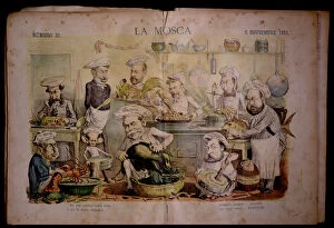 Ministers Gallery: Satirical caricature of the government ministers in the kitchen, published in La Mosca, No