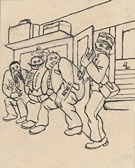 Luggage Prints: Satirical Drawing for a Magazine IV. around 1940. Creator: Andrej Kovacik