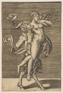 Giulio Prints: Satyr carrying a nymph restraining her right arm, ca. 1515-1600. Creator: Unknown