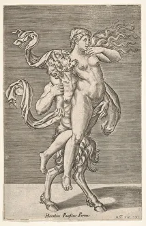 Giulio Prints: Satyr carrying a nymph, whose right arm is wrapped around the satyrs neck, with a
