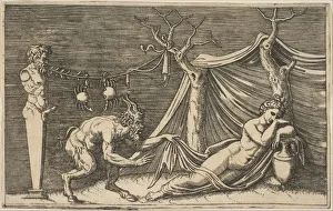 A satyr discovering a sleeping woman; two crabs hanging from a rope which is strung
