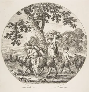 Satyr family walking towards the left with two goats and a basket of grapes, ca. 1657