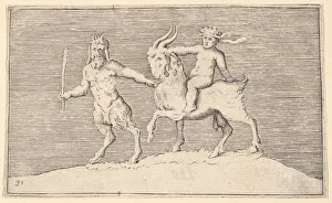 Half Man Prints: Satyr Leading Goat on which a Infant Rides, published ca. 1599-1622. Creator: Unknown