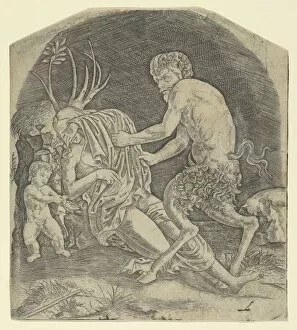 Mythological Creature Gallery: A satyr about to remove drapery covering a Nymph, ca. 1510-20. Creator: Marcantonio Raimondi
