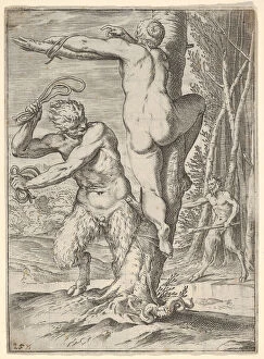 Agostino Carracci Collection: Satyr whipping a nymph, who is shown from behind and bound to a tree, a second saty