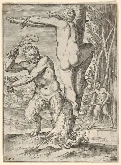 Agostino Carracci Collection: Satyr whipping a nymph, who is shown from behind and bound to a tree, a second saty