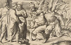 King Midas Gallery: Two satyrs bringing Silenus King Midas standing at the left, 1531-76