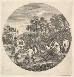 Della Bella Prints: Two satyrs and a faun seated to right watching two child satyrs and another satyr w
