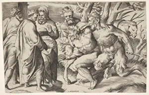 Giulio Gallery: Two satyrs leading Silenus to King Midas, who stands at left with two male attendan