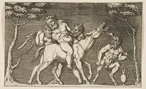 Two satyrs placing Silenus on a braying mule and a third satyr at right, ca. 1515-27