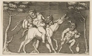 Two satyrs placing Silenus on a braying mule and a third satyr at right, ca. 1515-27 Two satyrs placing Silenus on a braying mule and a third satyr at right, ca. 1515-27