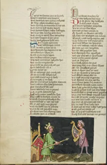 Harpist Prints: Saul Trying to Kill David; Weltchronik, about 1400-1410. Creator: Unknown