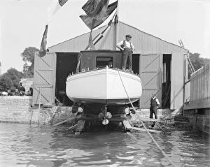 Propellor Gallery: Saunders motor launch on slipway ready for launching, 1908. Creator: Kirk & Sons of Cowes