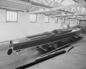 Saunders Gallery: Saunders motor launch in yard, 1914. Creator: Kirk & Sons of Cowes