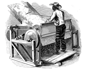 Whitney Prints: Saw gin for cleaning cotton being operated by barefoot black labourer, southern USA, 1865