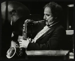 Saxophonist Frank Tiberi performing at the Forum Theatre, Hatfield, Hertfordshire, 1983