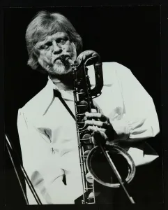 Williams Prints: Saxophonist Gerry Mulligan playing at at the Forum Theatre, Hatfield, Hertfordshire