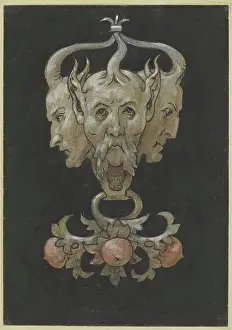 Black Background Prints: Three sayrtyr masks, 1887. Creator: Hans Thoma