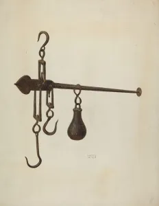 Weights And Measures Prints: Scales, c. 1938. Creator: Harry Grossen