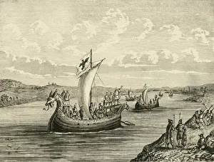 9th Century Prints: Scandinavian Vessels Ascending A River, 1890. Creator: Unknown
