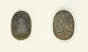 17th Century Bc Prints: Scaraboid: Face Motif on Top; Two Figures Holding Flower on Base, Egypt