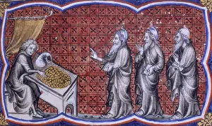 Money Bag Prints: A scene from the Bible Historiale, 1357. Creator: Unknown