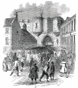 Scene at the Castle Gate, Lincoln, 1850. Creator: Unknown