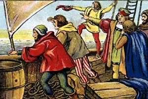 1492 Prints: Scene of the discovery of America, sailors of the caravel La Pinta crying Land ho