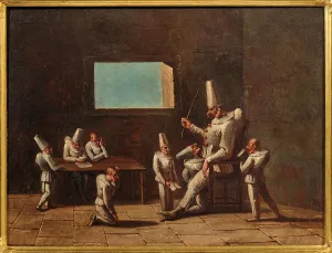 Harlequin Prints: Scene of the education of Pulcinella, 18th century. Creator: Anonymous