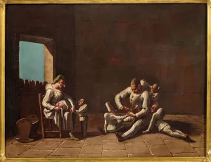 Harlequin Prints: Scene of the education of Pulcinella, 18th century. Creator: Anonymous