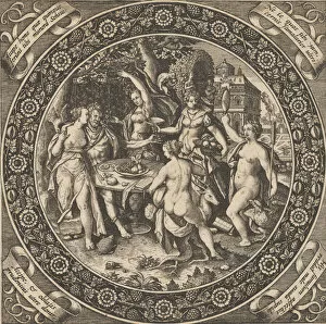 Stag Gallery: Scene with a Feast of Love in a Circle at Center, 1580-1600. Creator: Theodore de Bry