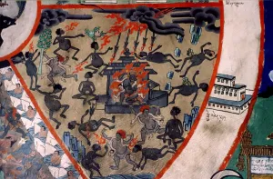 India Asia Prints: Scene from Hell, wall painting, Ladakh, India, 1988. Creator: Amanda Waite