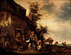 Cheerful Prints: Scene with a hurdy-gurdy player and a boy violinist outside a tavern