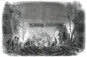 Industrial Accident Prints: Scene of the Late Boiler Explosion, Lily-Lane Mill, Halifax, 1850. Creator: Smyth