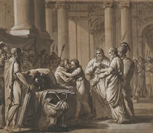 Pen And Black Ink Prints: Scene from Roman History, depicting a Youth receiving Armor from a Dying