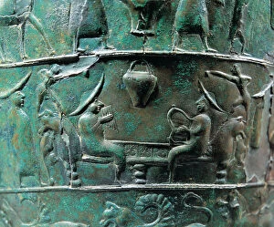 Scene from a situla in bronze of the Certusa of Bologna with a character playing the harp