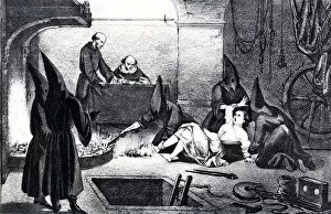 Torture Gallery: Scene of a torment of a woman with various torture devices, etching, 1880