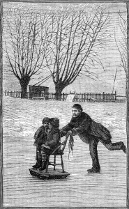 Sled Prints: Scenes on the frozen Thames: an extemporised sledge, 1881. Creator: Unknown