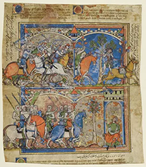 Knights Prints: Scenes from the Life of Absalom; Morgan Picture Bible, about 1250. Creator: Unknown