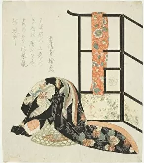 Folding Screen Gallery: Scenting a kimono with incense, early 19th century. Creator: Yanagawa Shigenobu